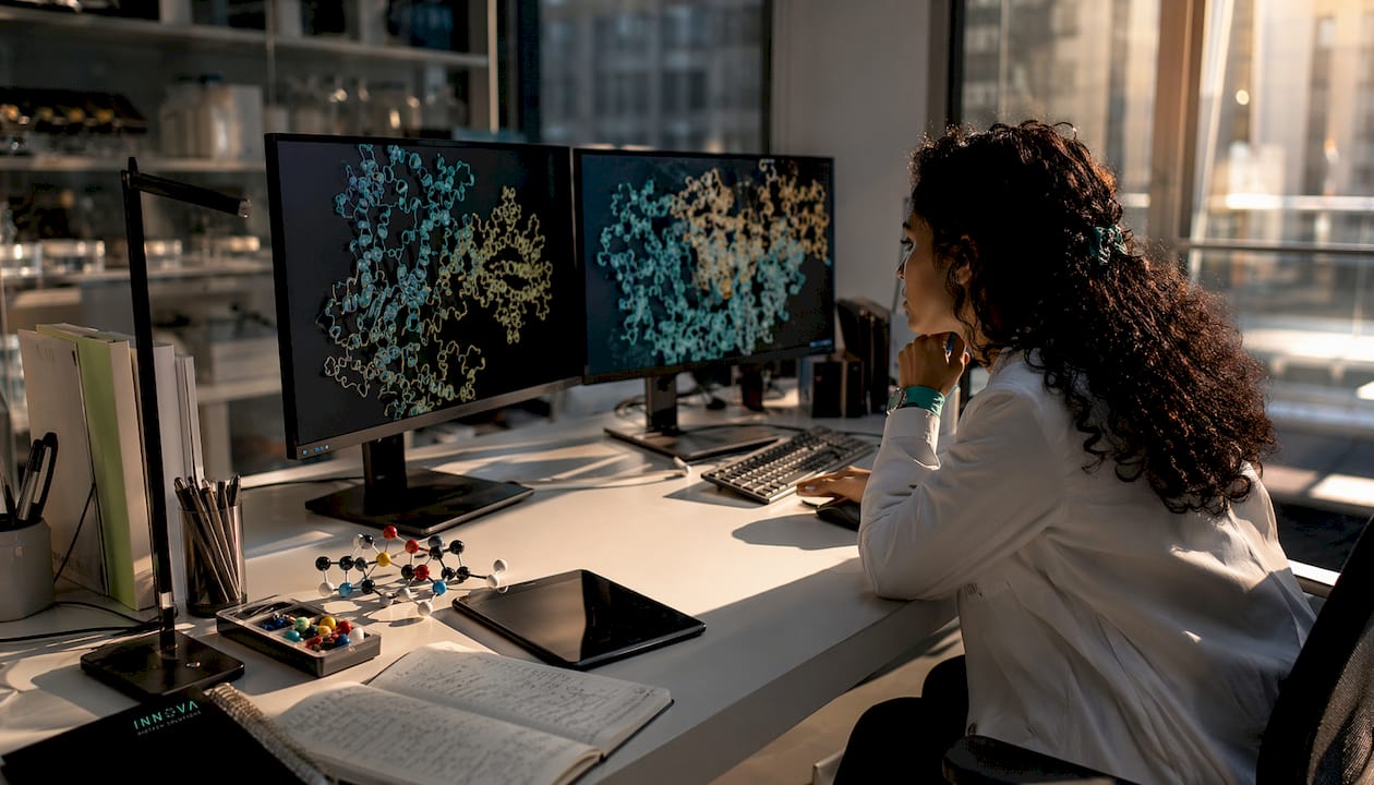 Scientist analyzing protein models on monitors