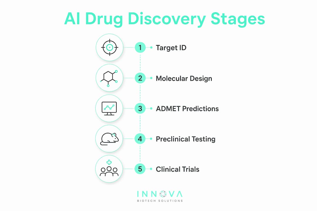 Infographic showing AI drug discovery stages