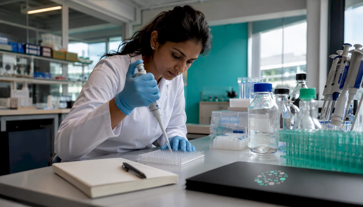 Scientist pipetting biochemical assay reagents