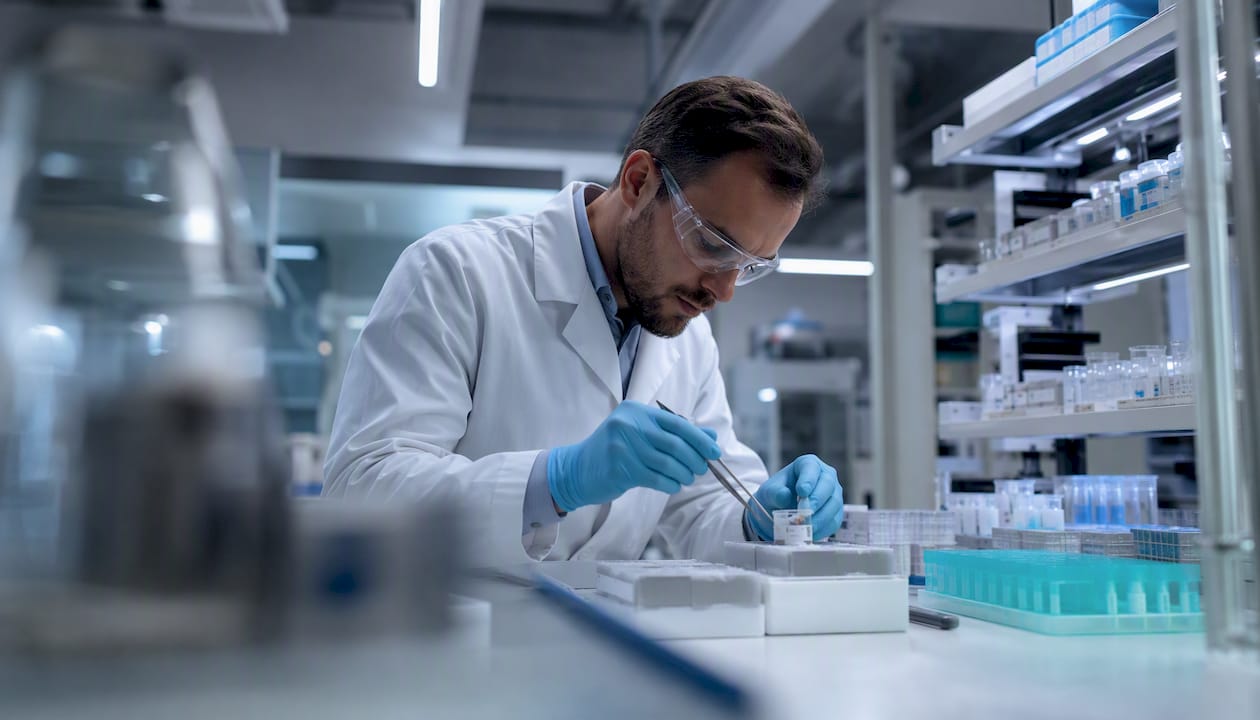 Scientist sorting tumor samples in cold storage