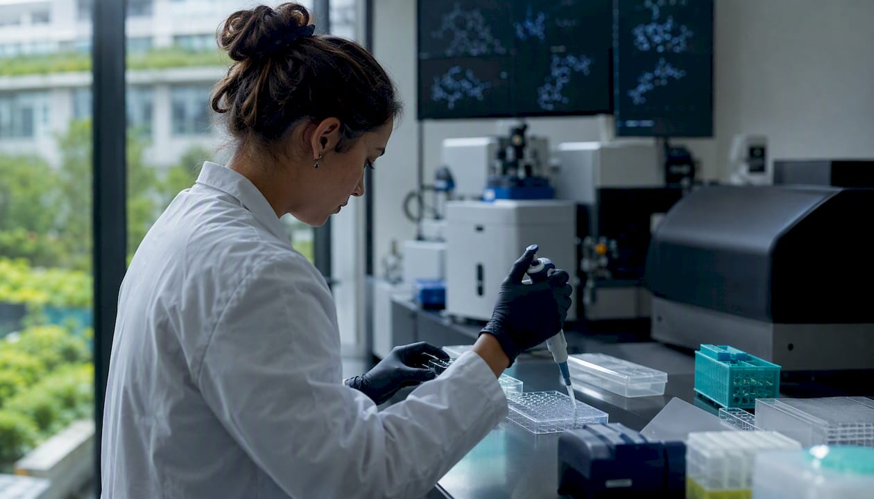 Scientist pipetting for molecular screening