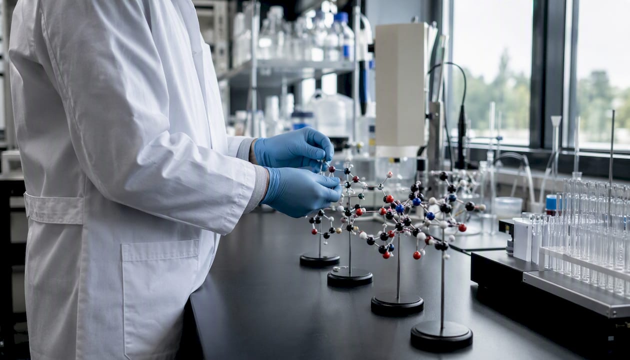 Scientist handling molecular models in lab