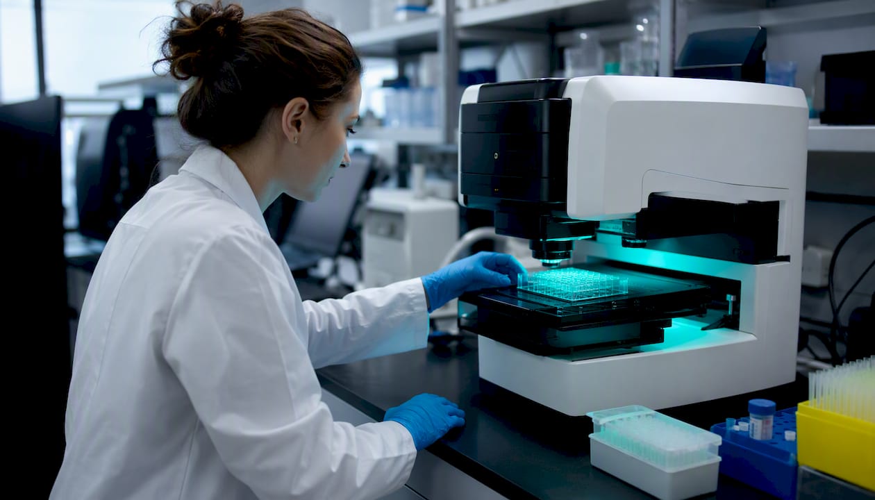Scientist operating fluorescence microscope for high-content imaging