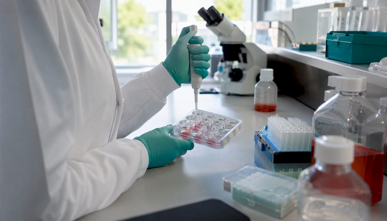 Hands preparing 3D cell culture assay in biotech lab