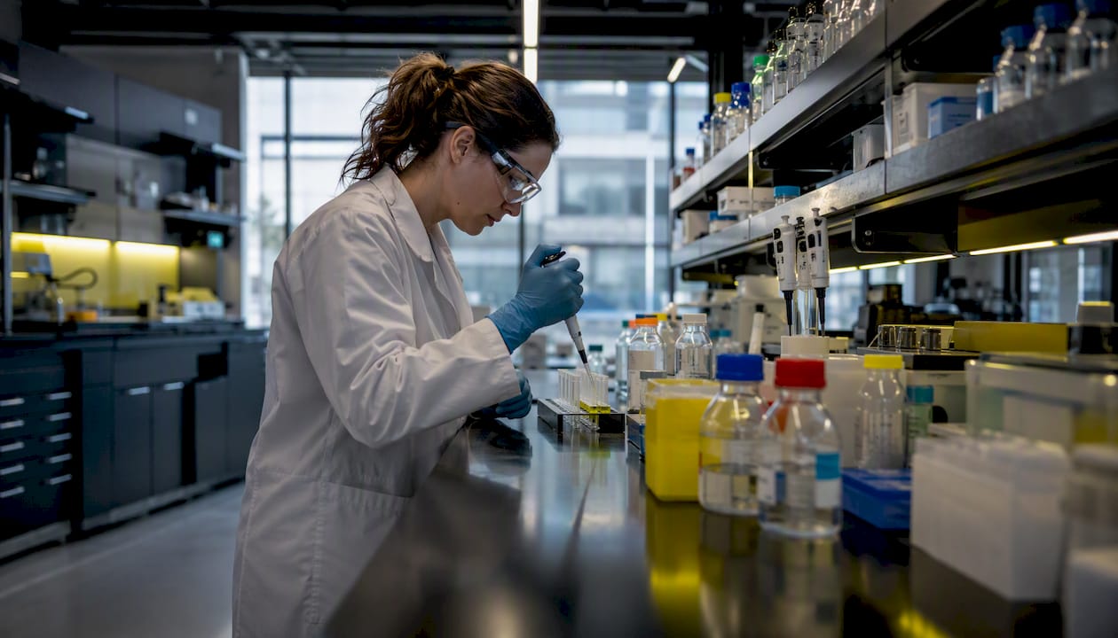 Scientist pipetting protein assay in lab