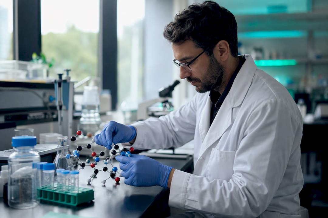 Scientist manually adjusting molecular model in biotech lab