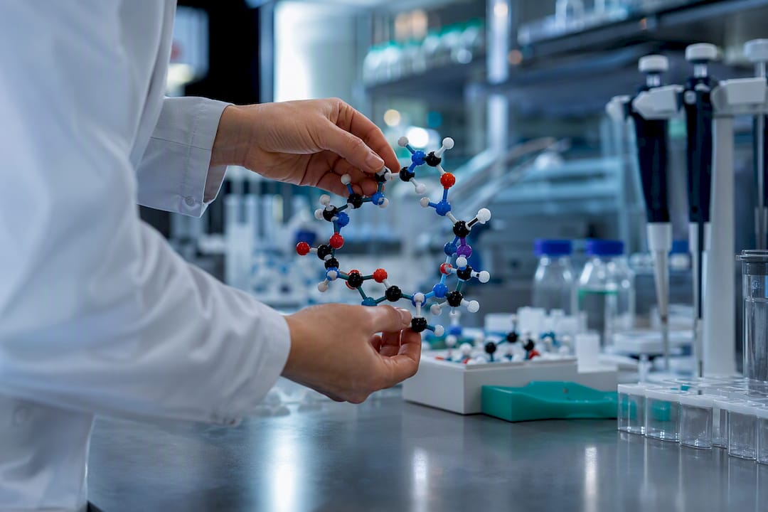 Scientist adjusting cyclic peptide molecular model
