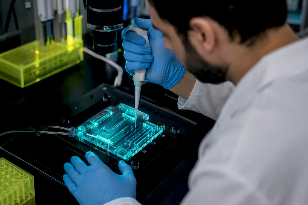 Close-up of hands pipetting protein reagent in lab