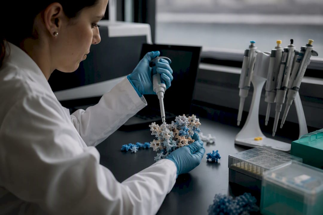 Hands manipulating protein epitope model in lab