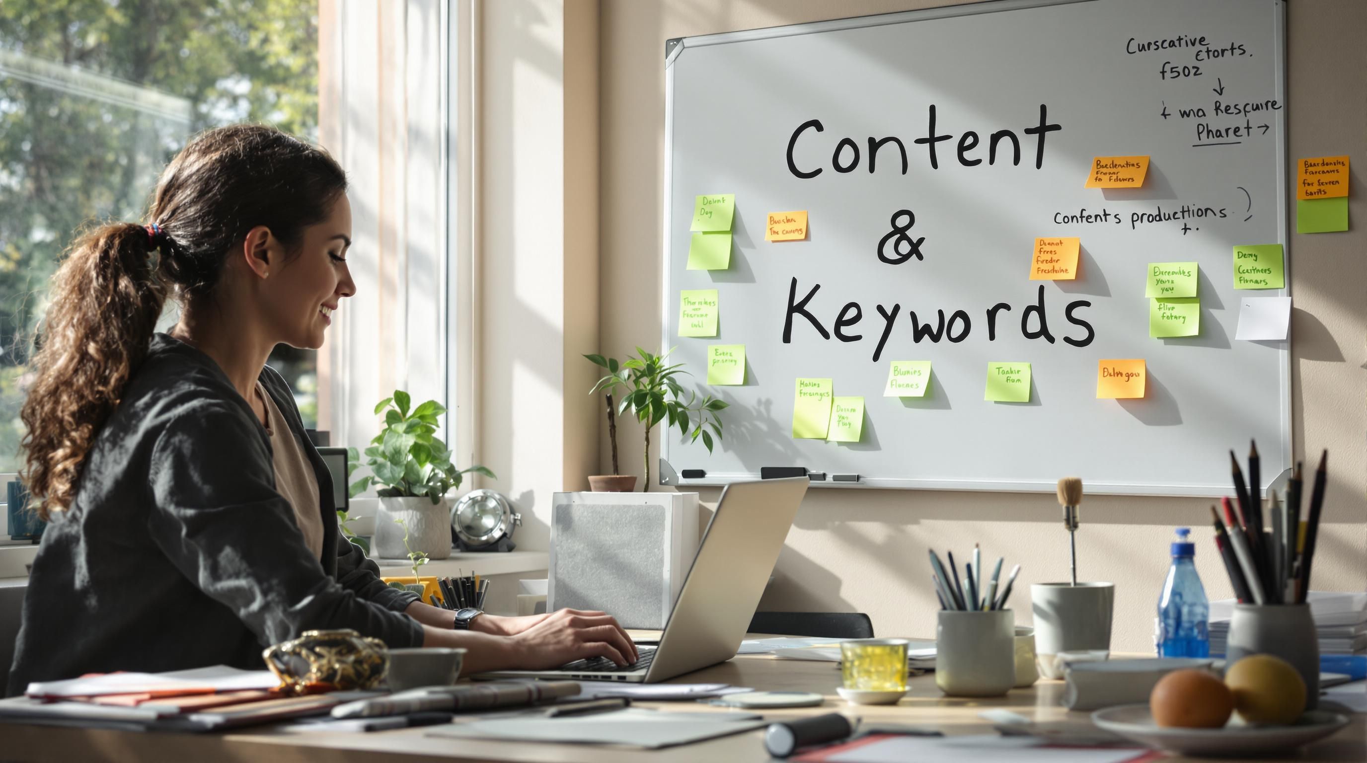 Content writer develops SEO keyword strategy in creative workspace