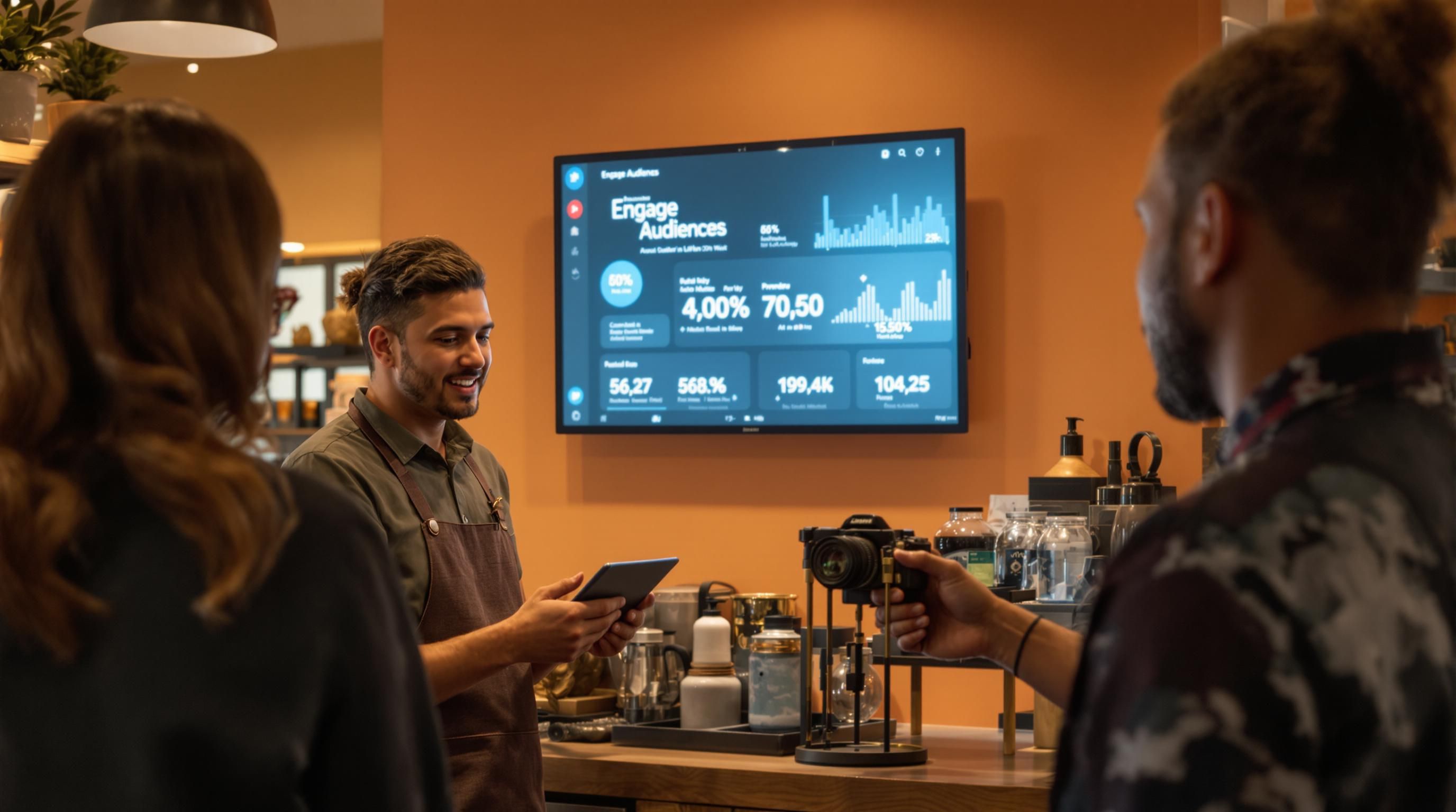 Small business owner using digital marketing tools engaging with customer