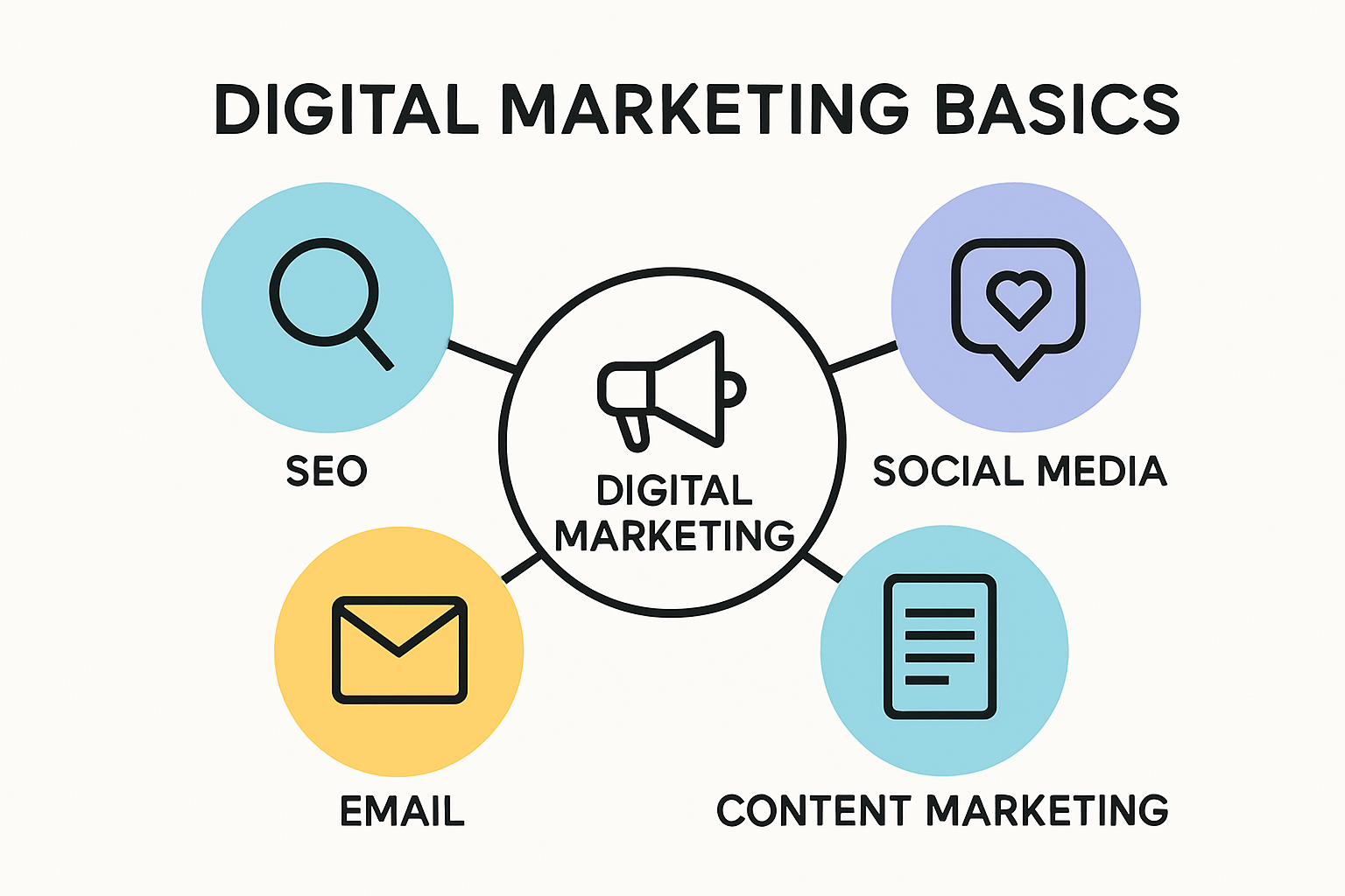 Overview of digital marketing basics and channels diagram