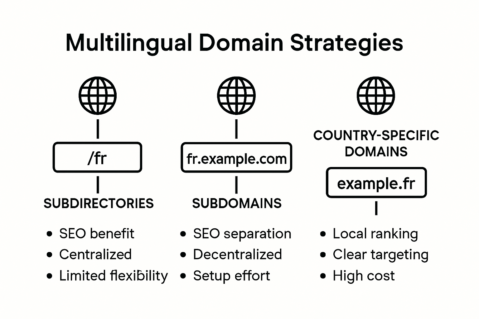 Infographic comparing multilingual website domain strategies