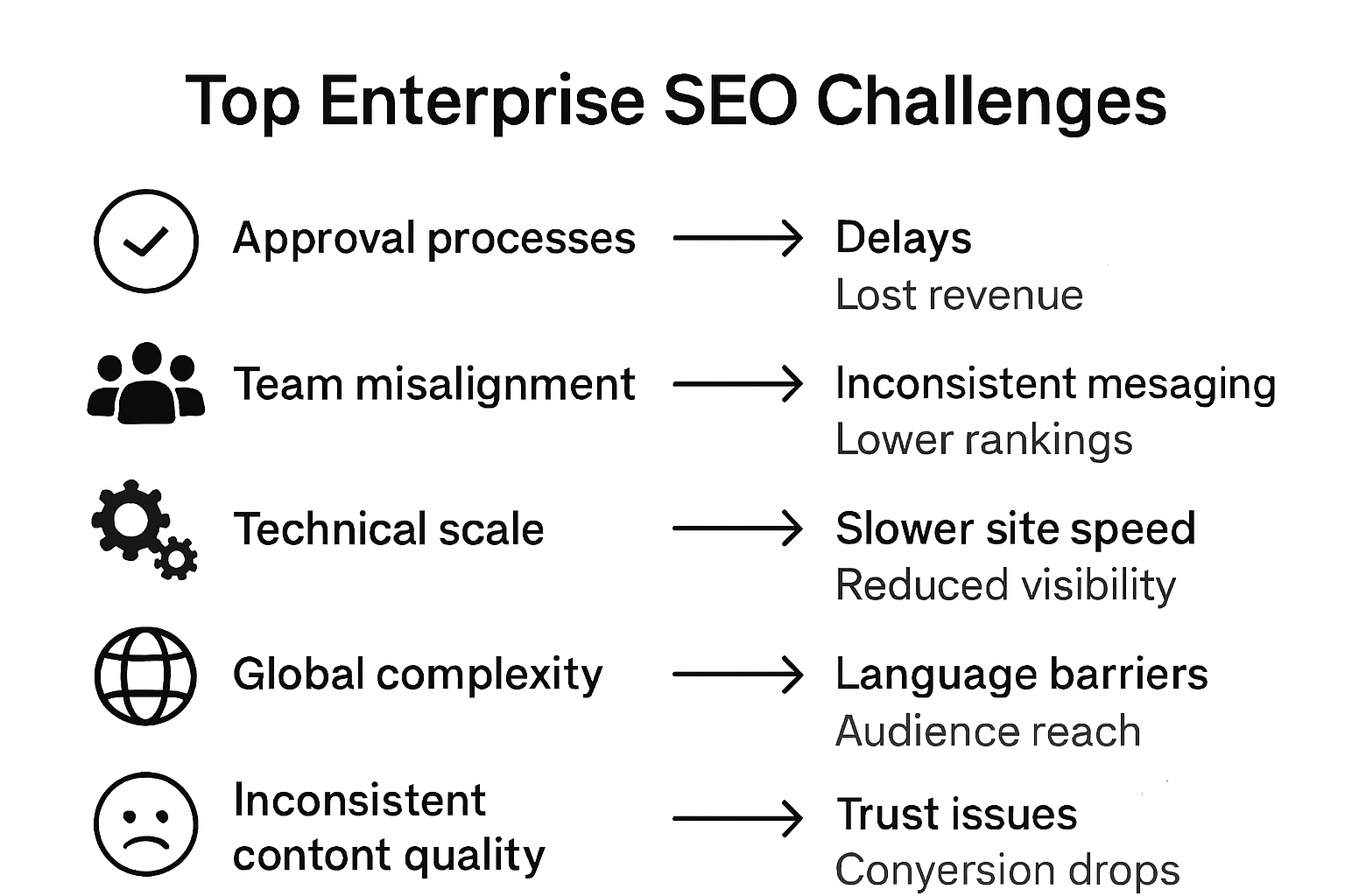 Infographic explaining major enterprise SEO challenges and their business impact