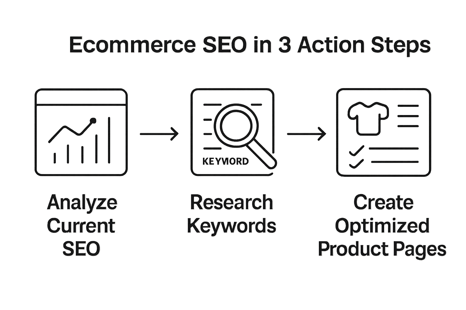 Three-step process showing analysis, keyword research, and content optimization for ecommerce SEO
