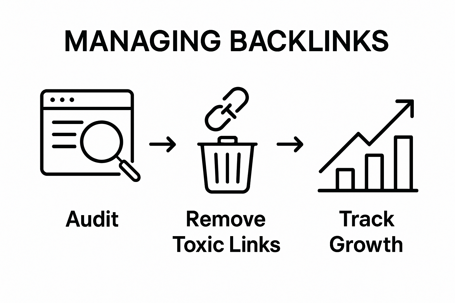 Three-step backlink management workflow diagram