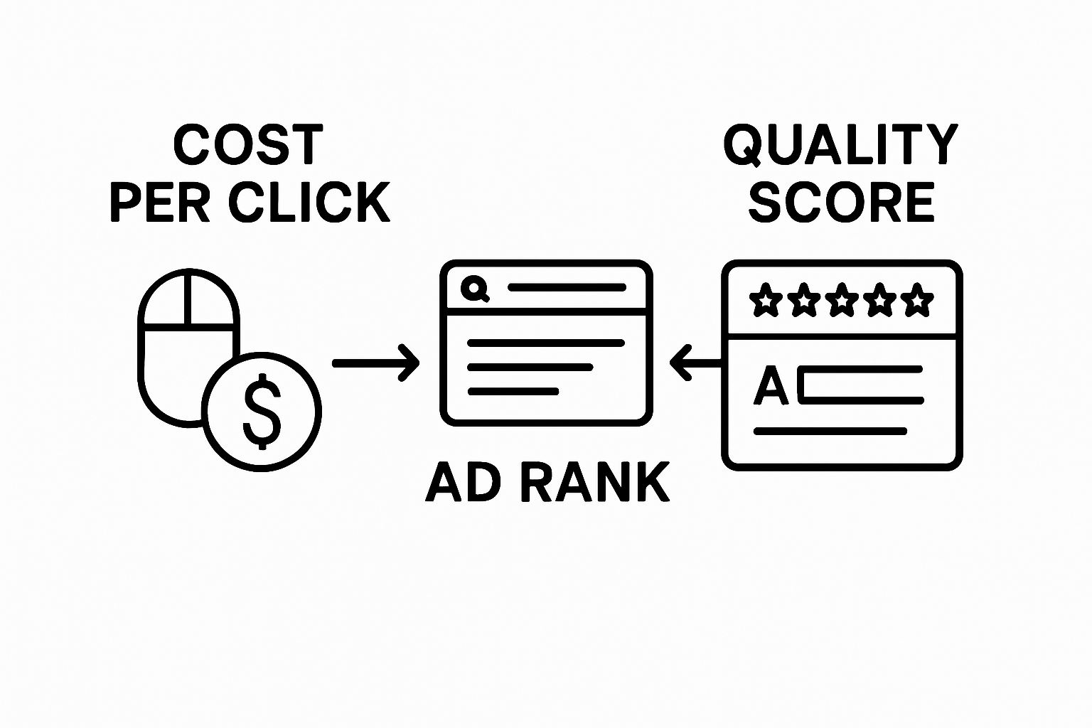 Infographic comparing CPC, Quality Score, and Ad Rank visually