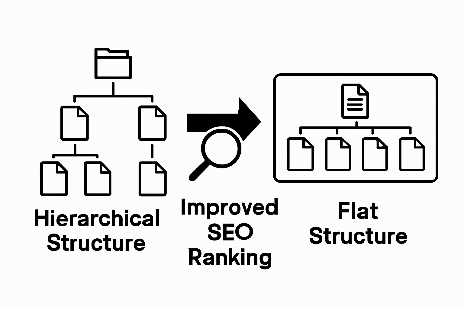 Infographic comparing flat and hierarchical site structures for SEO