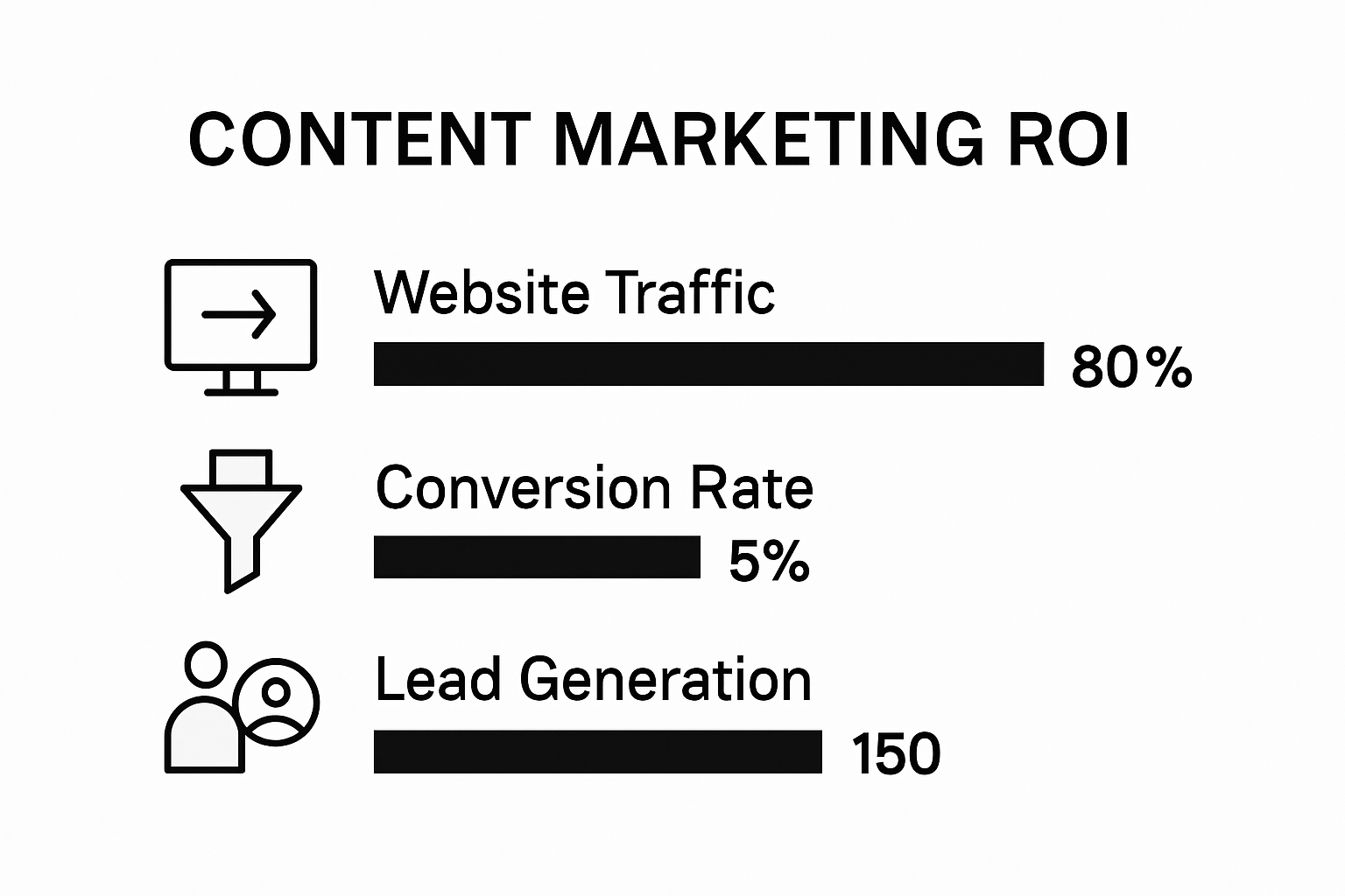 Three column bar chart showing website traffic, conversion rate, and lead generation for content marketing ROI.