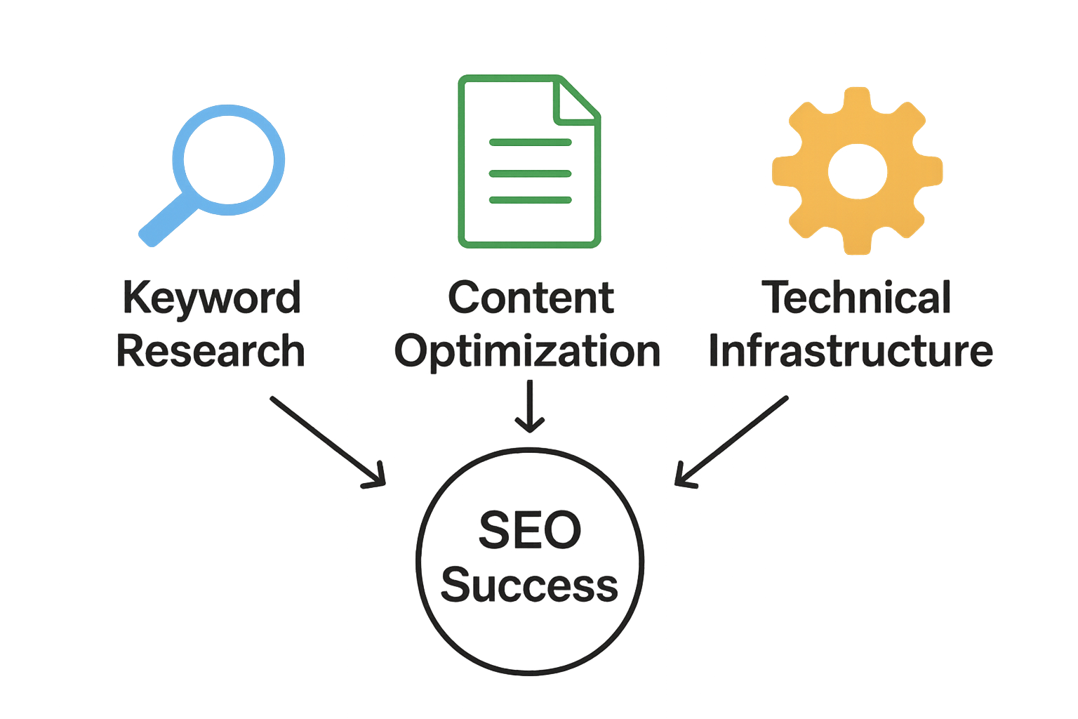 Infographic showing keyword research, content optimization, technical infrastructure icons converging into SEO success.