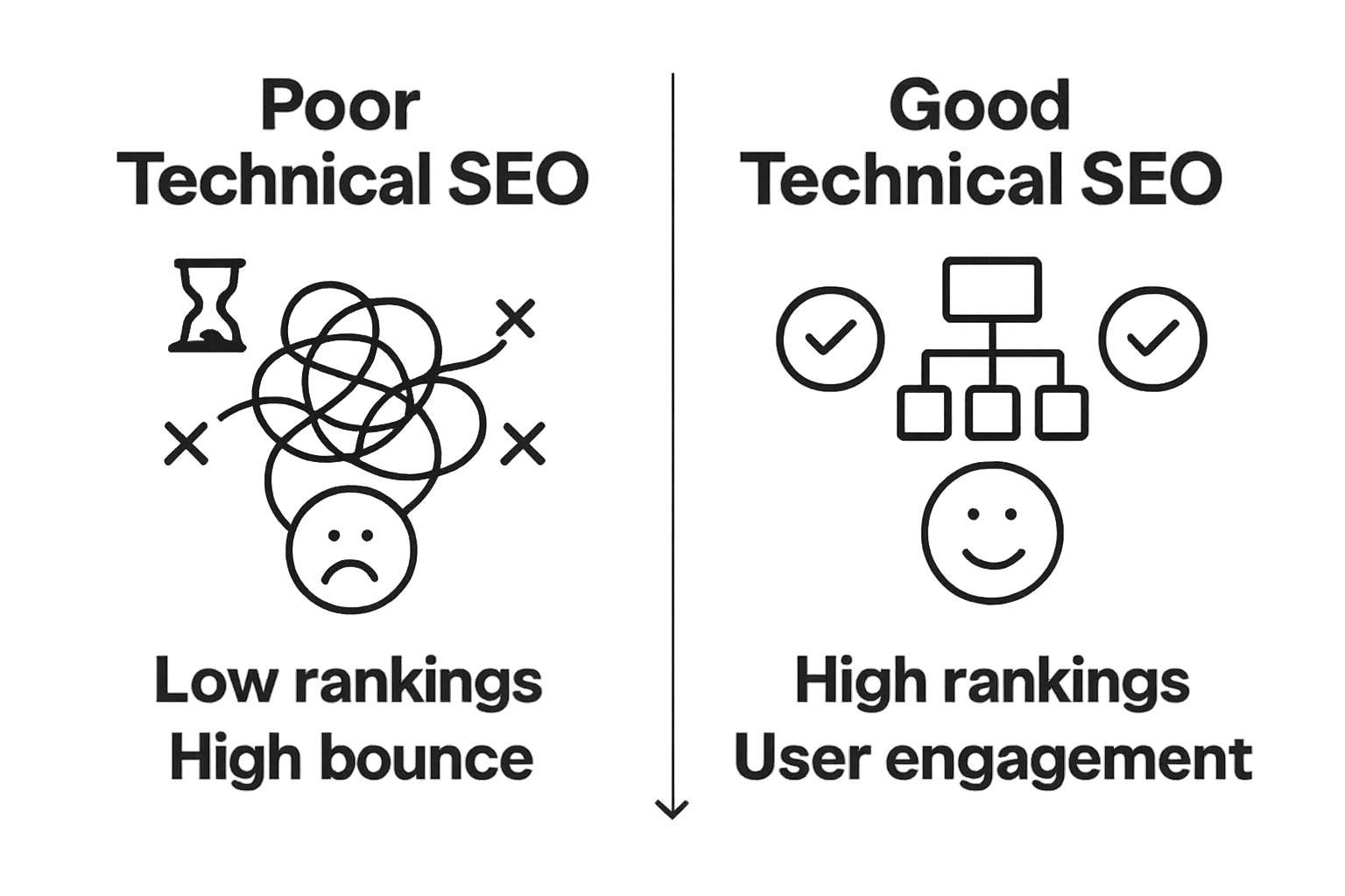 Comparison of good vs poor technical SEO visualized with icons