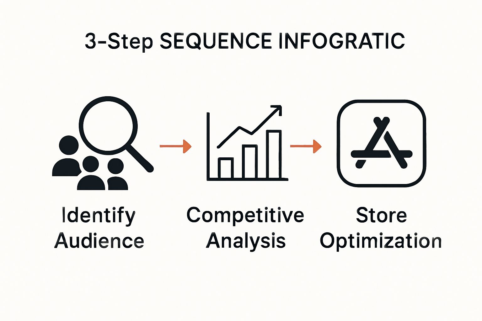 Infographic showing steps: identify audience, analyze competitors, store optimization