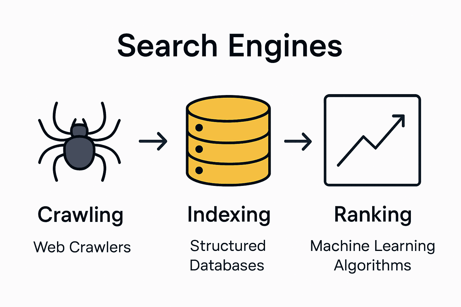 Infographic showing crawling, indexing, and ranking steps in search engines.