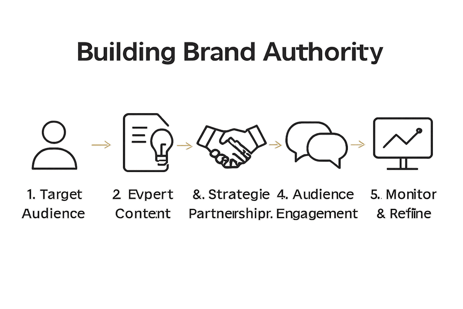 Five-step process infographic for building brand authority with icons