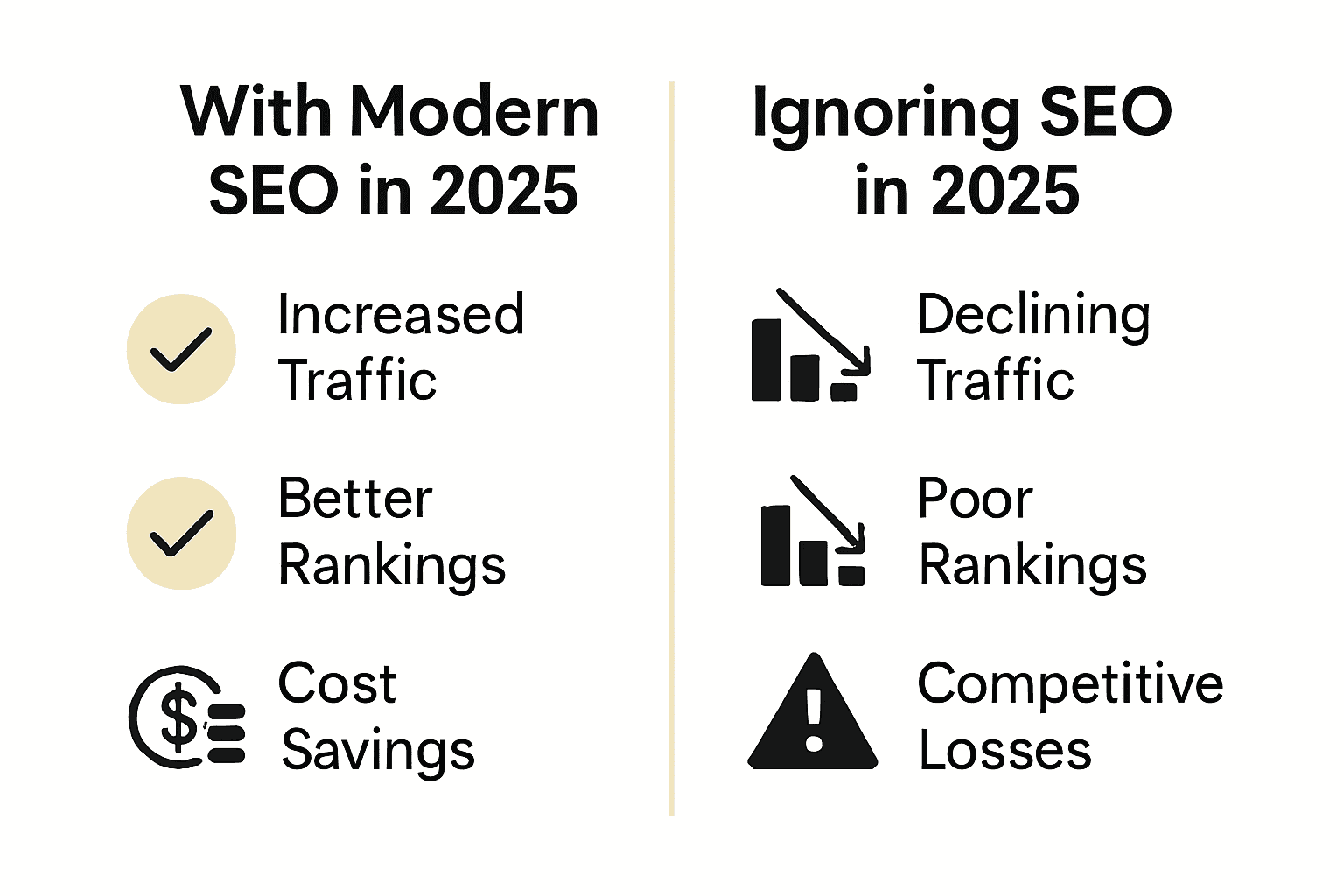 Infographic comparing business outcomes with and without modern SEO in 2025