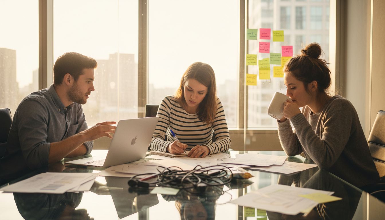 Team brainstorming content ideas in conference room