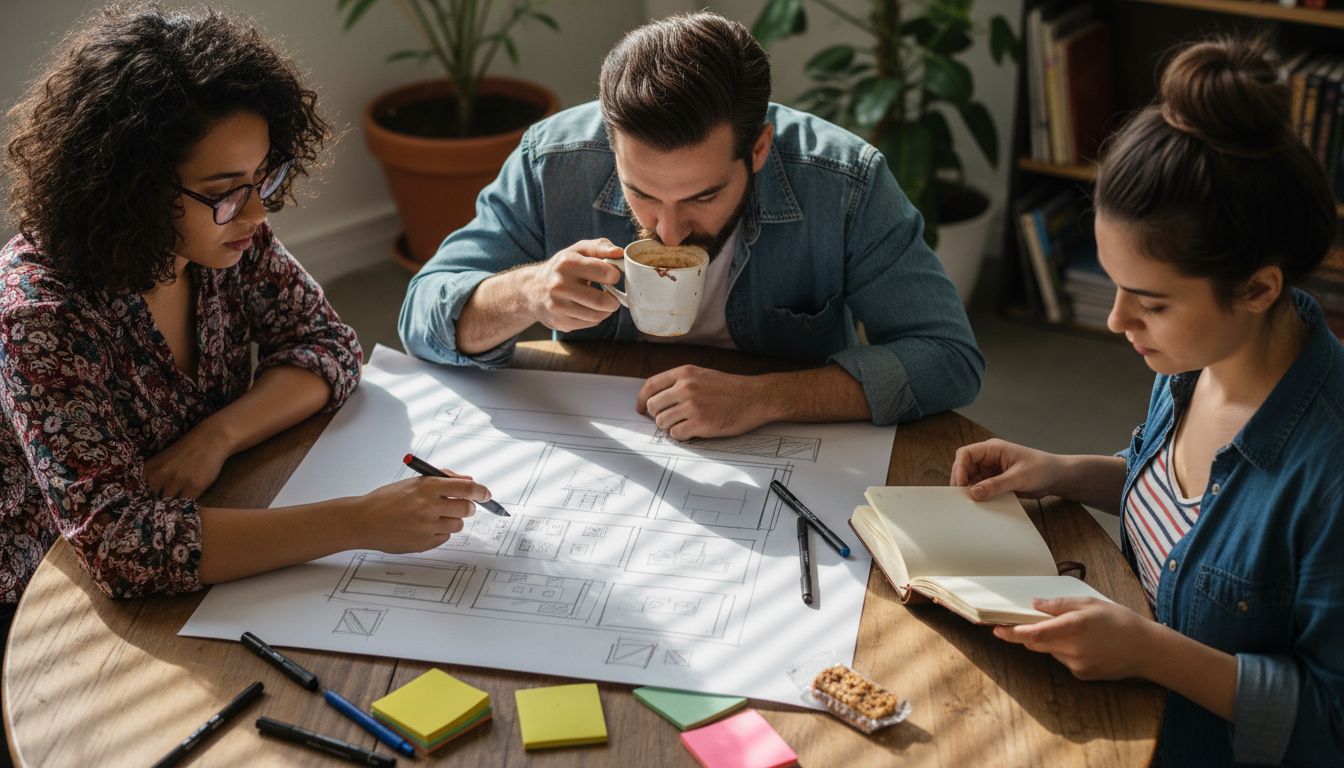 Creative team sketching ad storyboard together