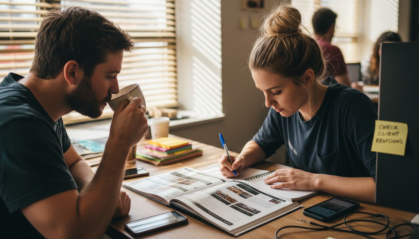Developers reviewing company portfolio at desk