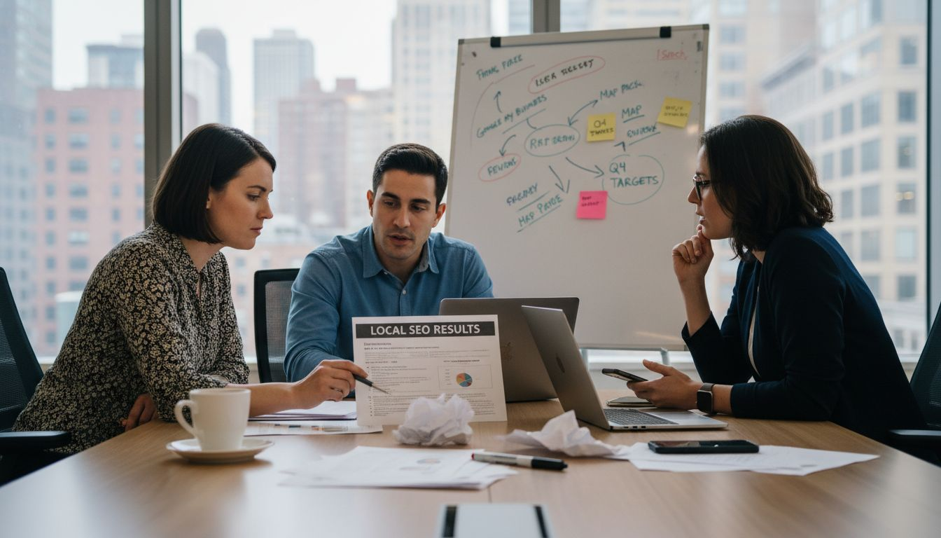 Team reviewing local SEO strategy printout