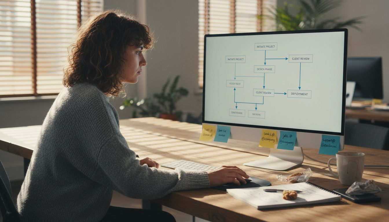 Woman viewing workflow chart at office table