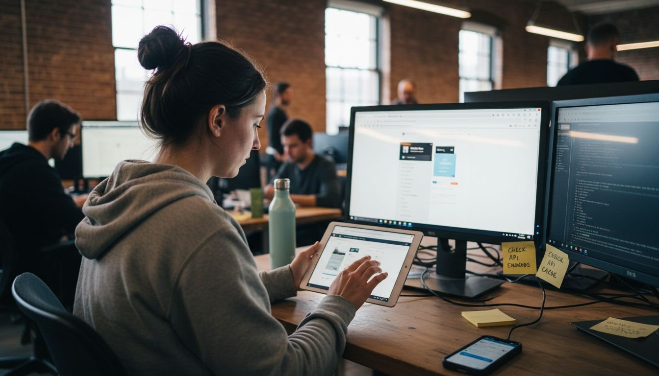 Developer testing mobile SaaS on tablet
