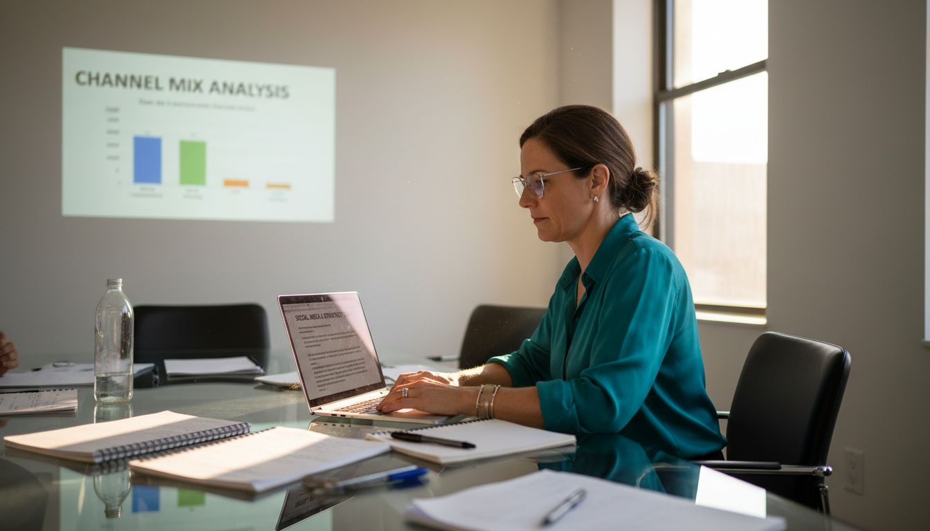 SaaS strategist planning marketing channels in boardroom