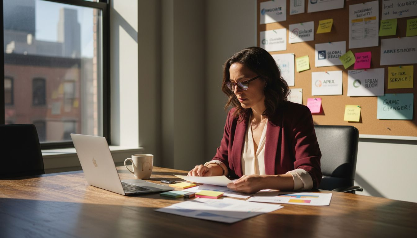 Marketer reviewing customer testimonials in boardroom