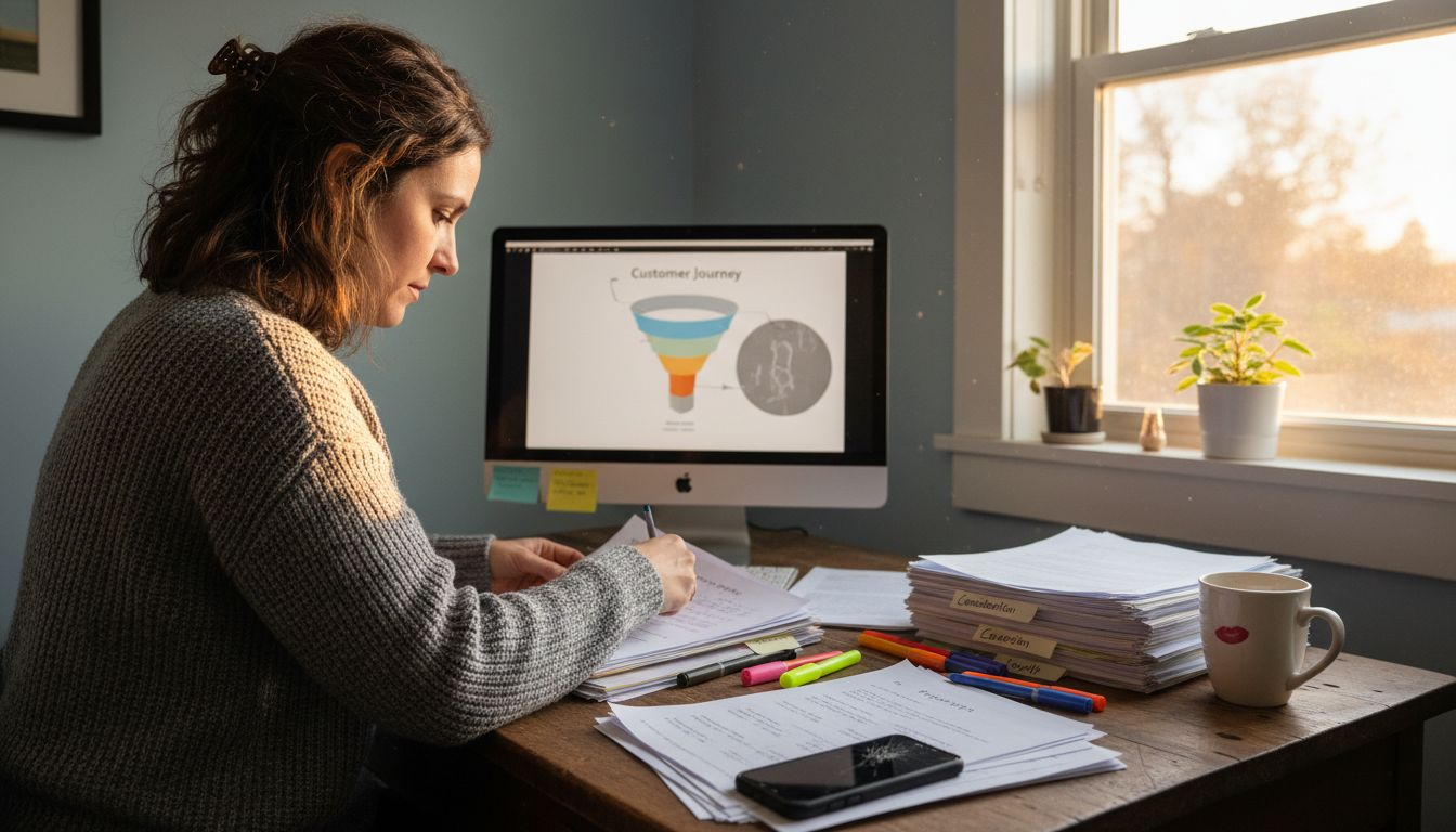 Marketer reviewing funnel stages documents