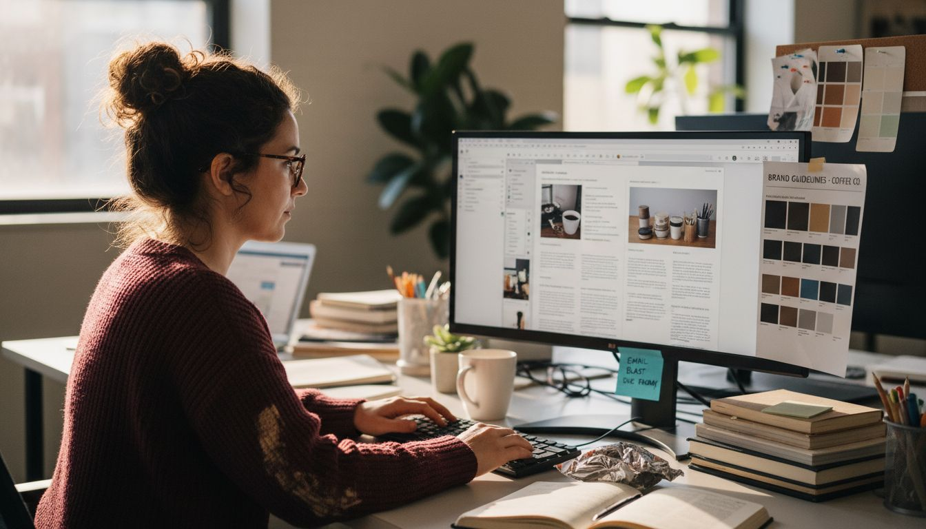 Designer creating branded newsletter at coworking space