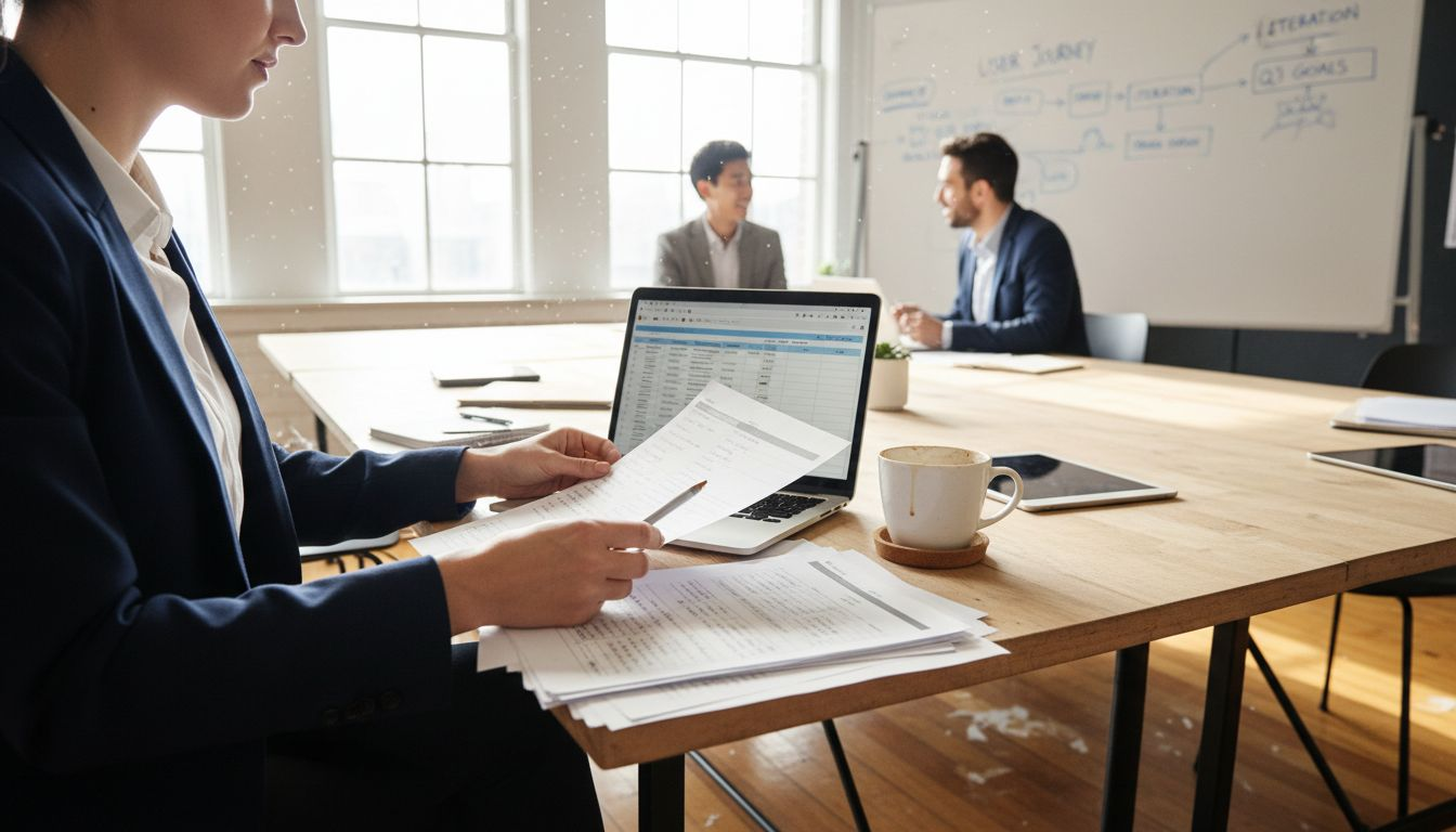Worker sorting customer data at communal table