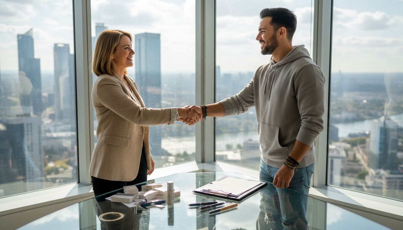 Brand representative greets influencer in office