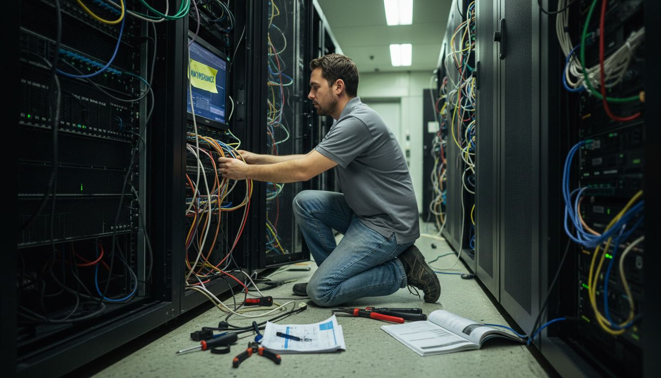 Technician fixing cables in cluttered server room