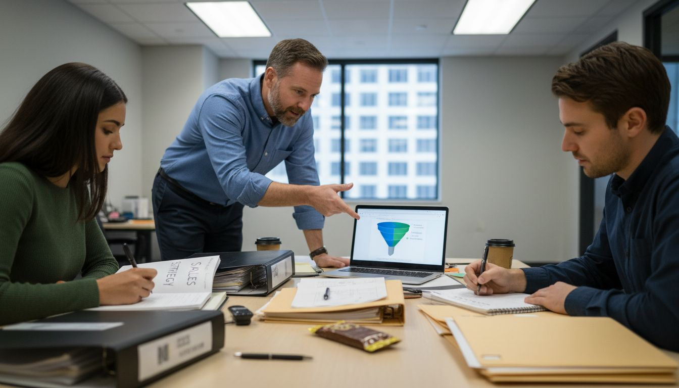 Sales team meeting with funnel chart