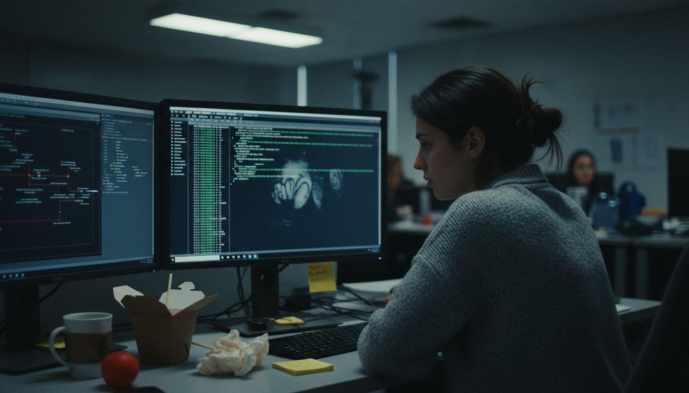 Security analyst reviewing audit logs at desk