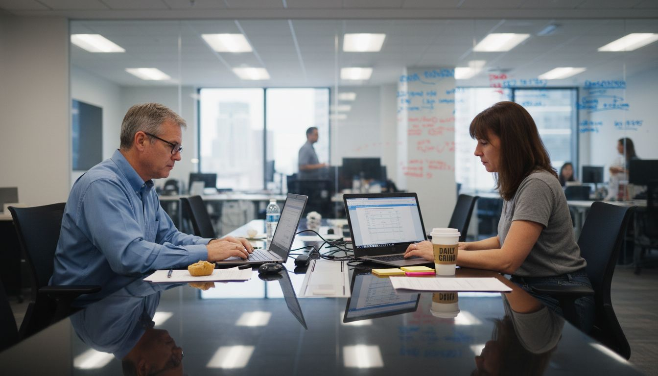 Pair conducting accessibility audit in bright office