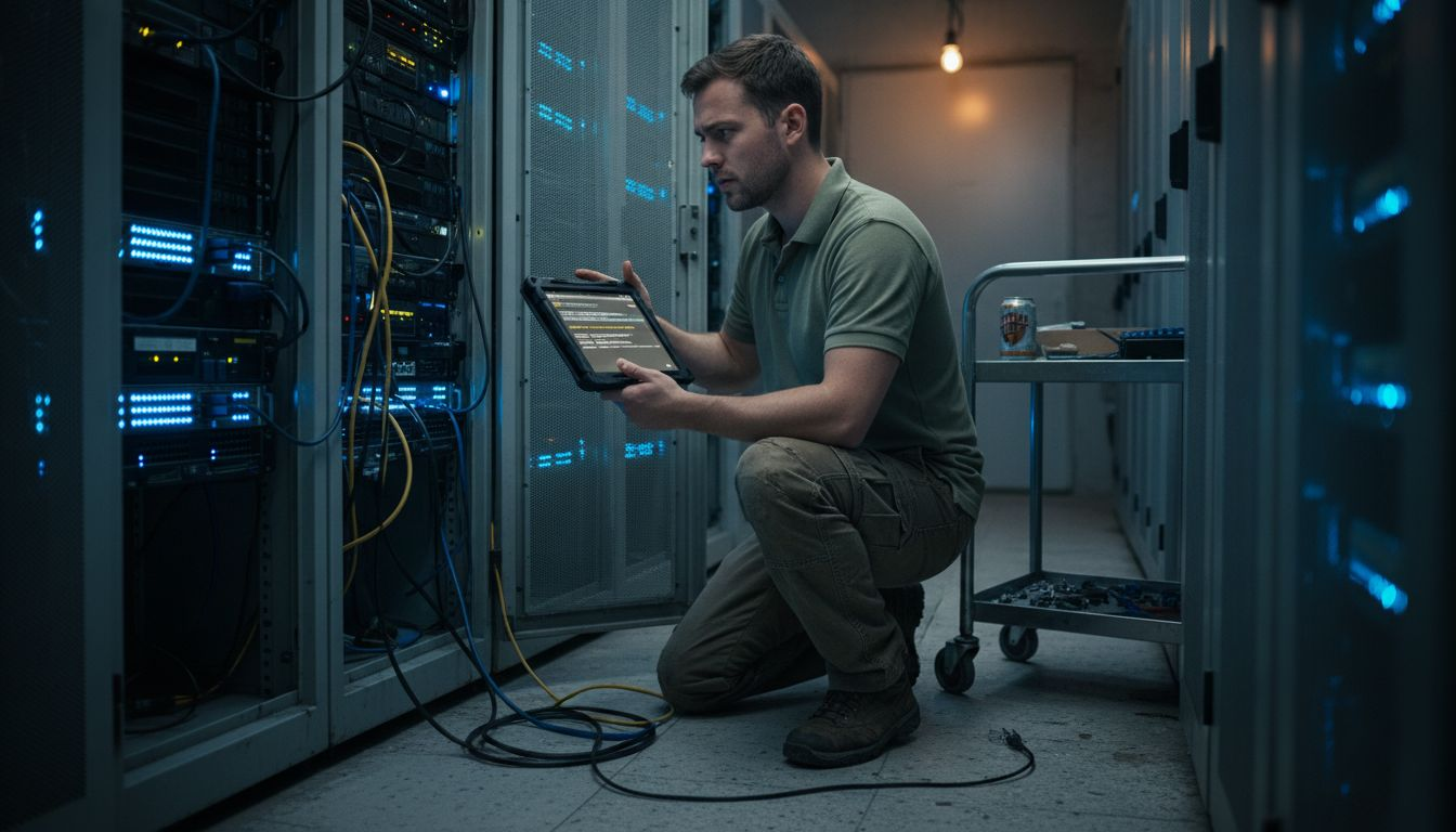 Technician inspects server room access logs