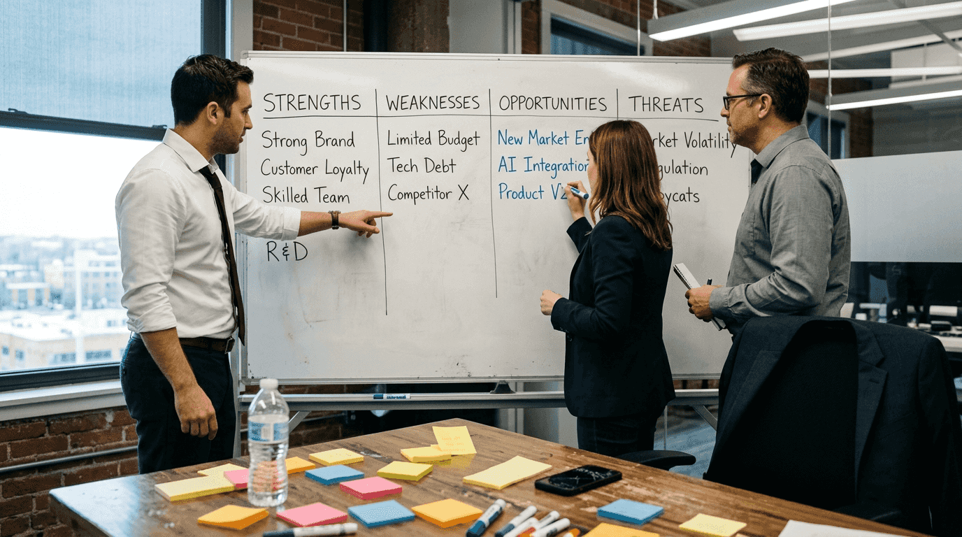 Team works through SWOT analysis on whiteboard