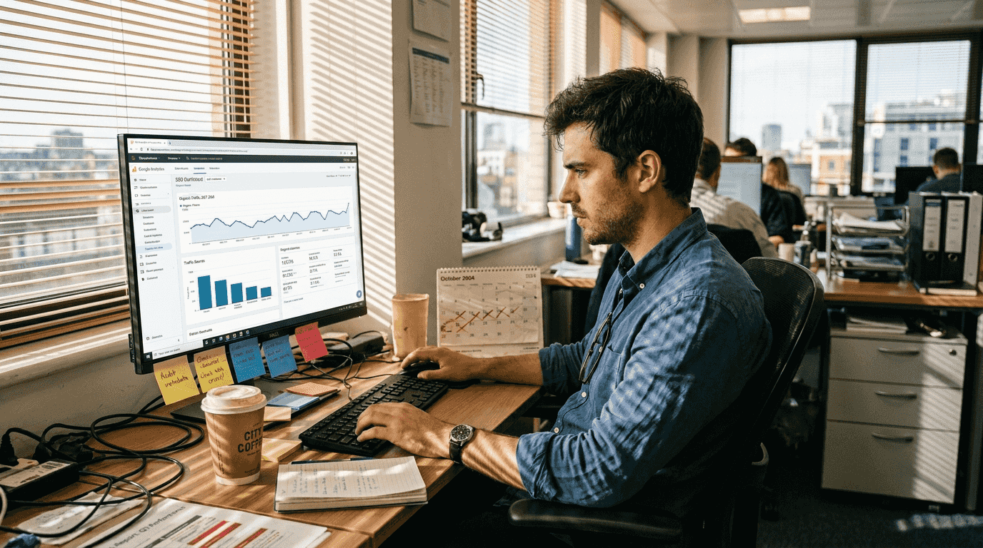 Analyst reviews SEO dashboard data and charts