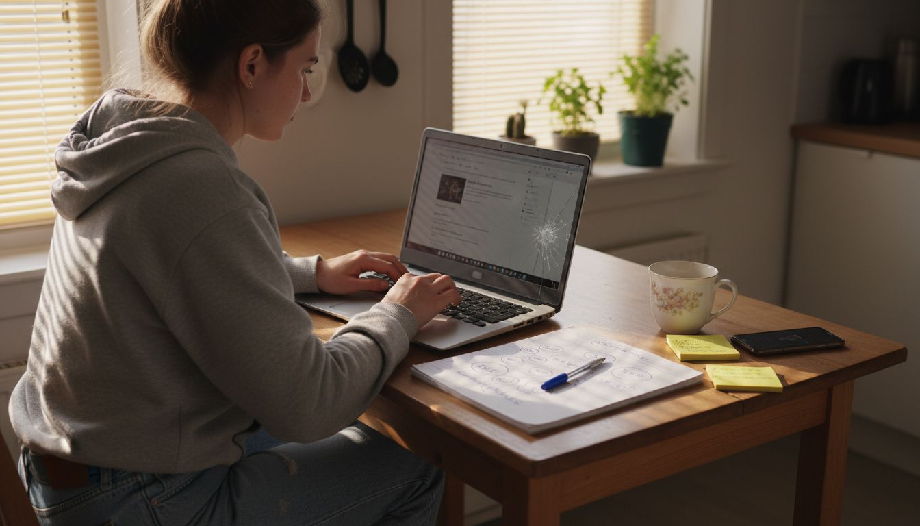 Woman editing website content for SEO at home