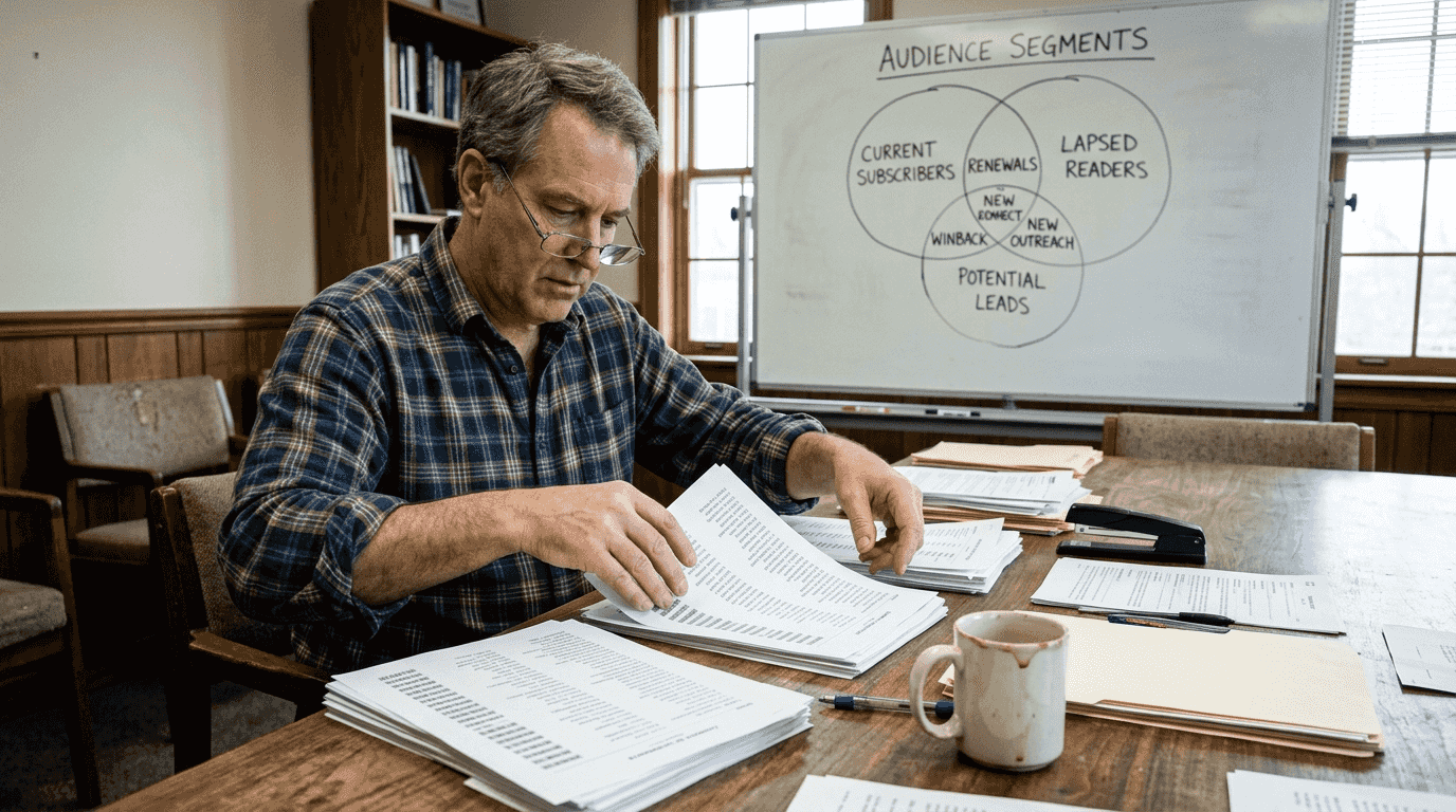 Man organizing segmented email lists in office